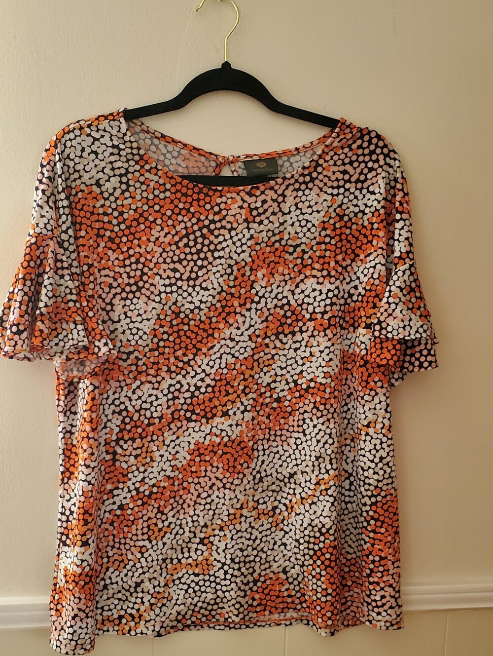 JM Collection Orange, White & Black Dot-Print Short Sleeve Top